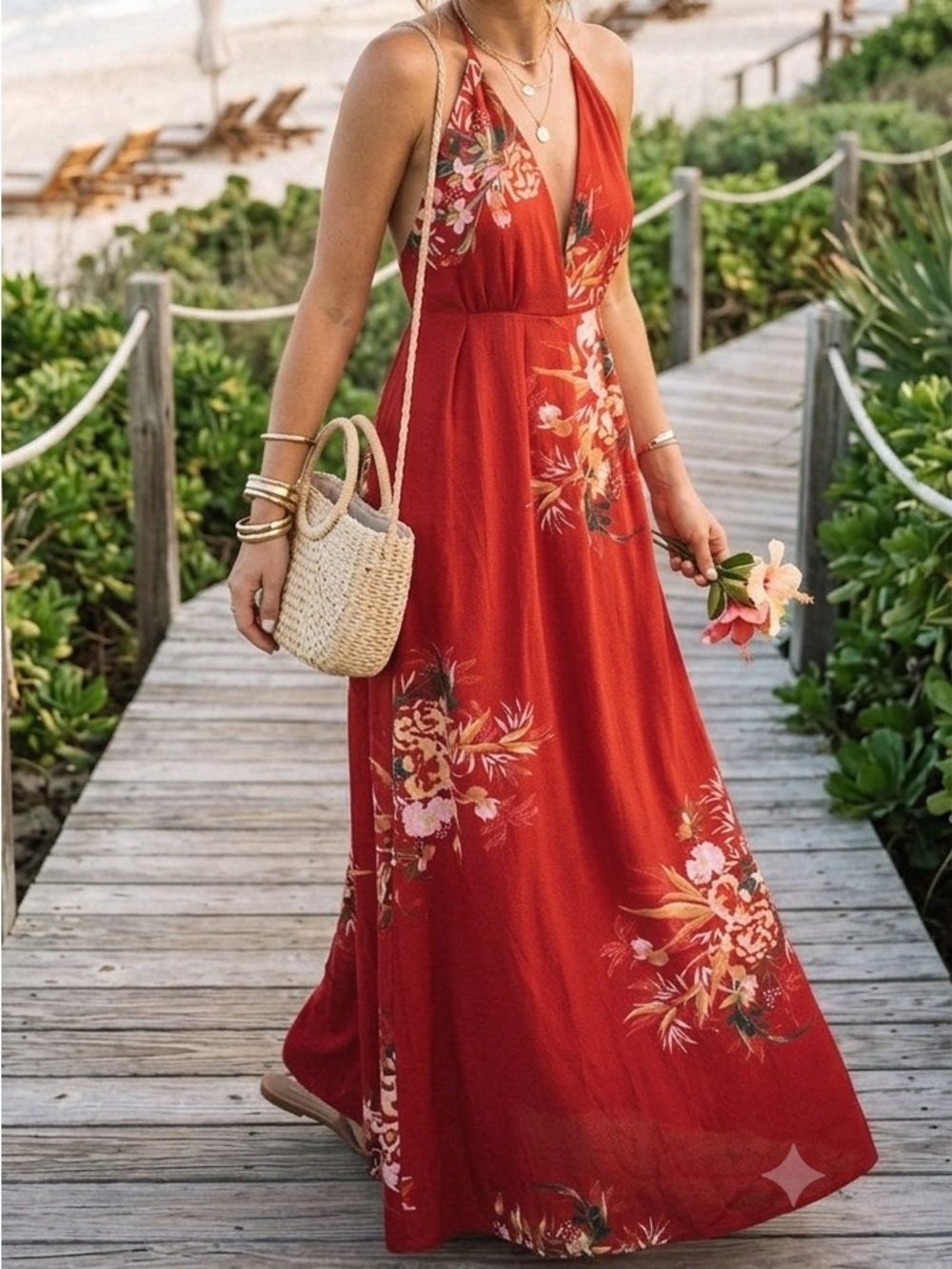 Red Floral Maxi dress medium, backless, flowy, flowers, floral, tropical